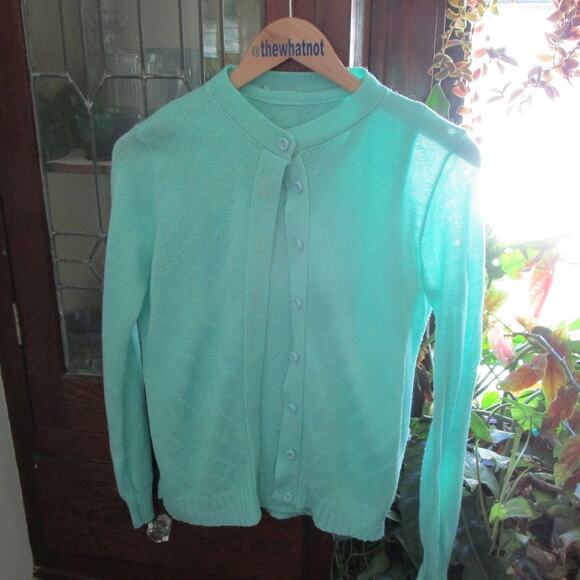 80s/90s Vintage Ms Today Mint Green Pointelle Cardigan Sweater Set Size 2 Pastel - Picture 6 of 16